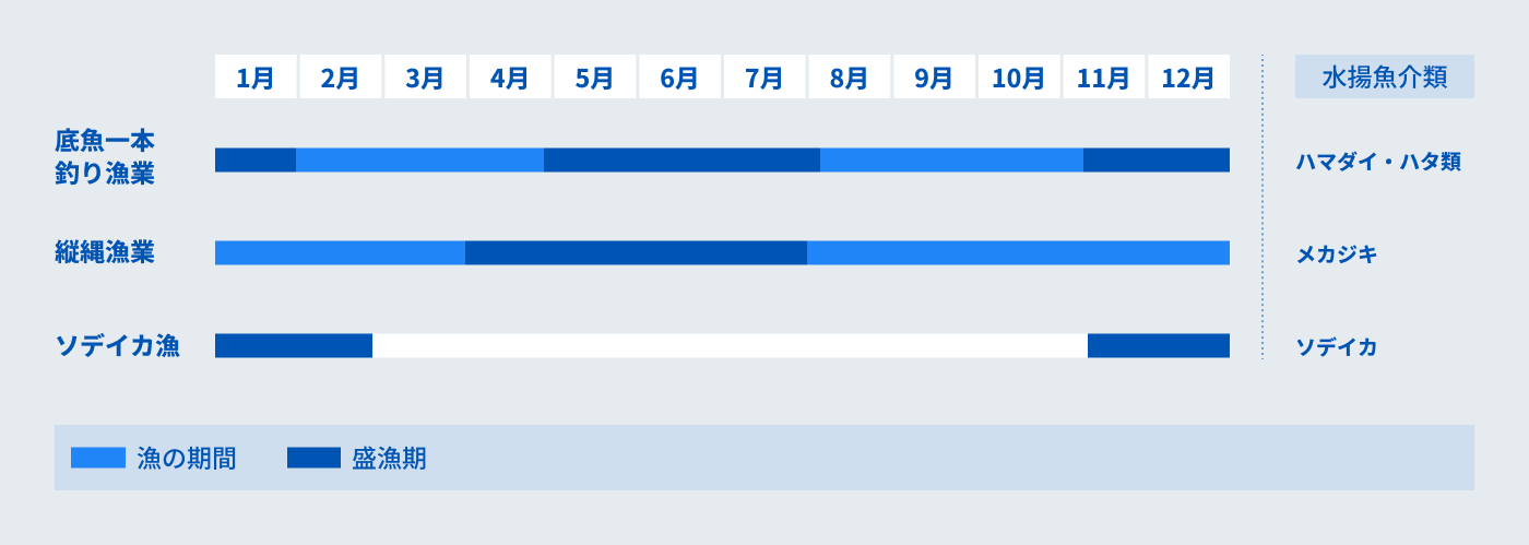 底魚一本釣り漁業：盛漁期1月 5~7月 11~12月 漁の期間 2~4月 8~10月,たて縄漁業 ：盛漁期4~7月 漁の期間 1~3月 8~12月,ソデイカ漁：盛漁期 1~2月 11~12月
